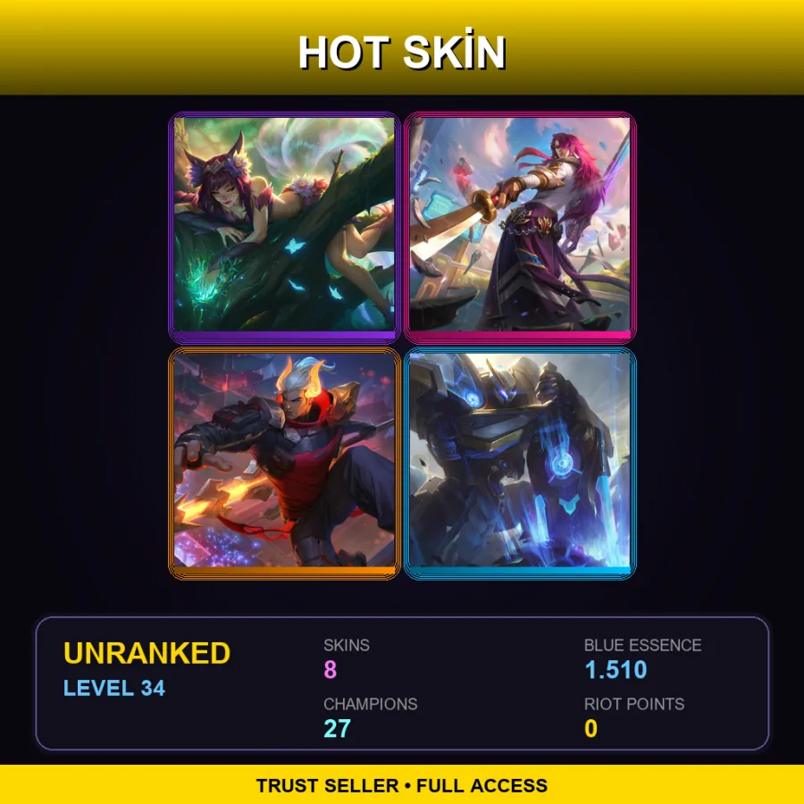 LAN | Elderwood Ahri | Battle Academia Yone | Lunar Beast Jarvan IV | Mecha Kingdoms Garen | 8 Skin | 27 Champ | Lv34