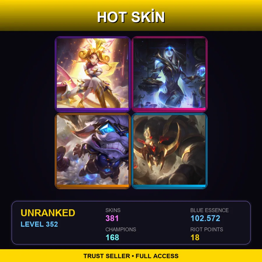 NA | Lv352 | Unranked | 381 Skin | 168 Champ