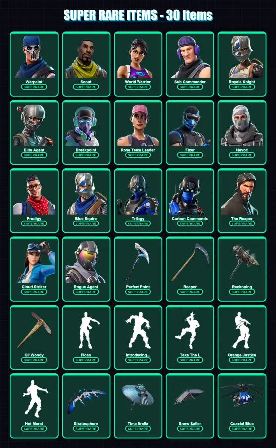 [PS4/PS5/XBOX/PC] | Warpaint | Scout | World Warrior | Sub Commander | Royale Knight | 189 skin | 153 pickaxe | 150 emote | 124 glider | Lv1785
