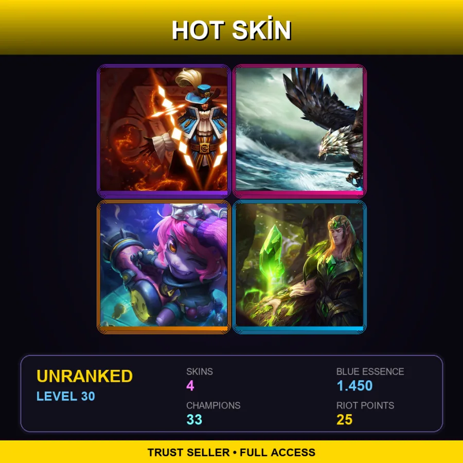EUNE | Lv30 | Unranked | 4 Skin | 33 Champ — LoL account