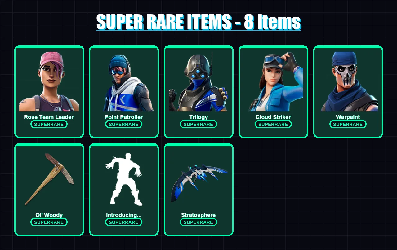 [PS4/PS5/XBOX/PC] | Rose Team Leader | Point Patroller | Trilogy | Cloud Striker | Warpaint | 58 skin | 74 pickaxe | 81 emote | 63 glider | Lv1017