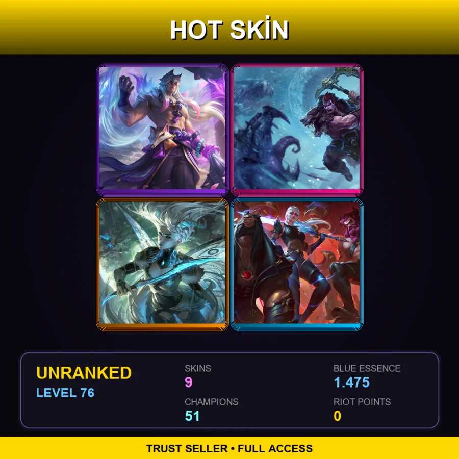 EUW | Lv76 | Unranked | 9 Skin | 51 Champ — LoL account