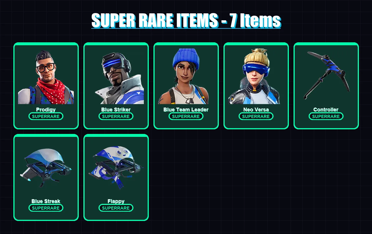 [PS4/PS5/XBOX/PC] | Prodigy | Blue Striker | Blue Team Leader | Neo Versa | Zenith | 13 skin | 10 pickaxe | 11 emote | 17 glider | Lv225