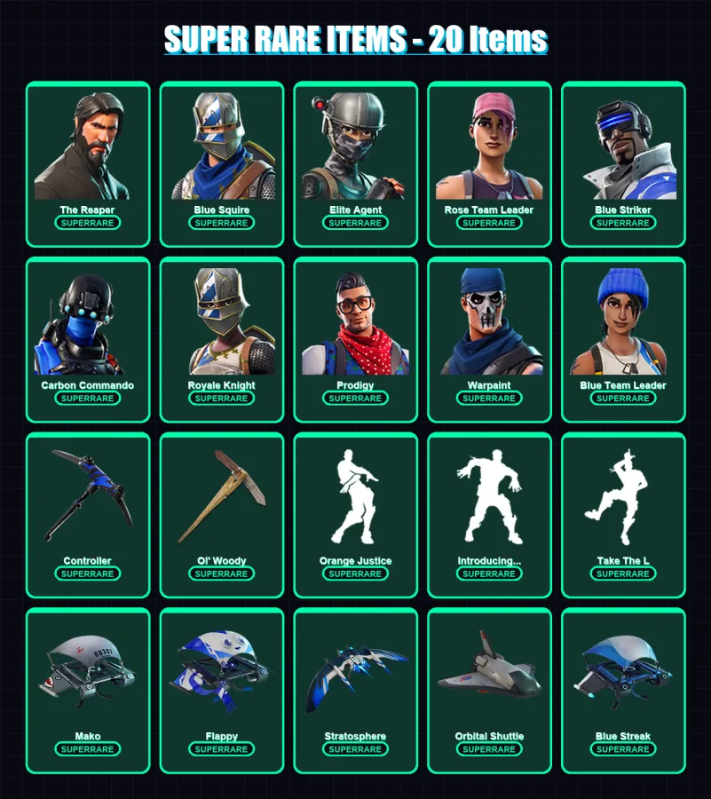 [SWITCH/XBOX/PSN/PC] | The Reaper | Blue Squire | Elite Agent | Rose Team Leader | Blue Striker | 36 skin | 50 pickaxe | 43 emote | 46 glider | Lv78