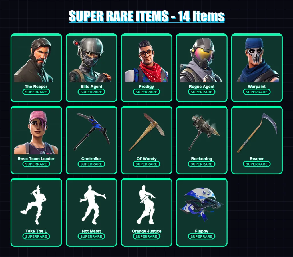 [PC/XBOX/PSN] | The Reaper | Elite Agent | Prodigy | Rogue Agent | Warpaint | 42 skin | 43 pickaxe | 50 emote | 40 glider | Lv484