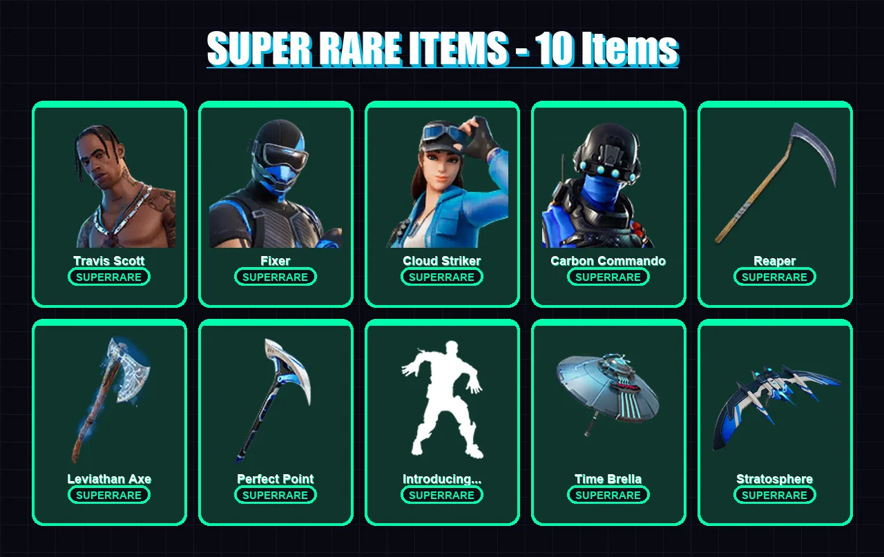 [PS4/PS5/XBOX/PC] | Travis Scott | Fixer | Cloud Striker | Carbon Commando | Kado Thorne | 94 skin | 105 pickaxe | 113 emote | 96 glider | Lv1610