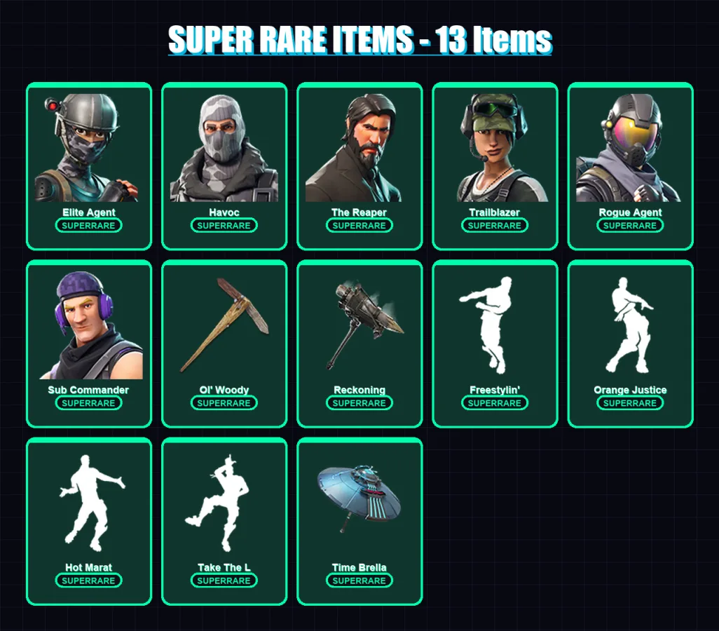 [PC] | Elite Agent | Havoc | The Reaper | Trailblazer | Rogue Agent | 98 skin | 82 pickaxe | 85 emote | 74 glider | Lv996