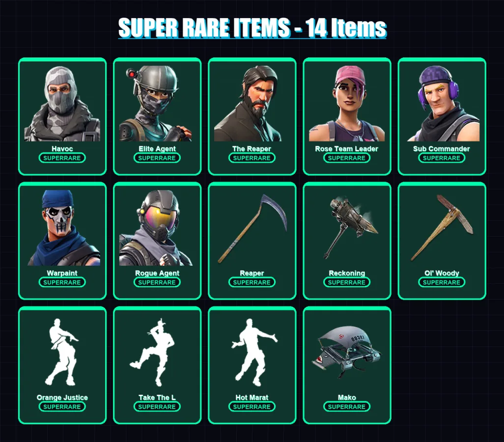 [PC/XBOX/PSN] | Havoc | Elite Agent | The Reaper | Rose Team Leader | Sub Commander | 34 skin | 22 pickaxe | 39 emote | 36 glider | Lv654