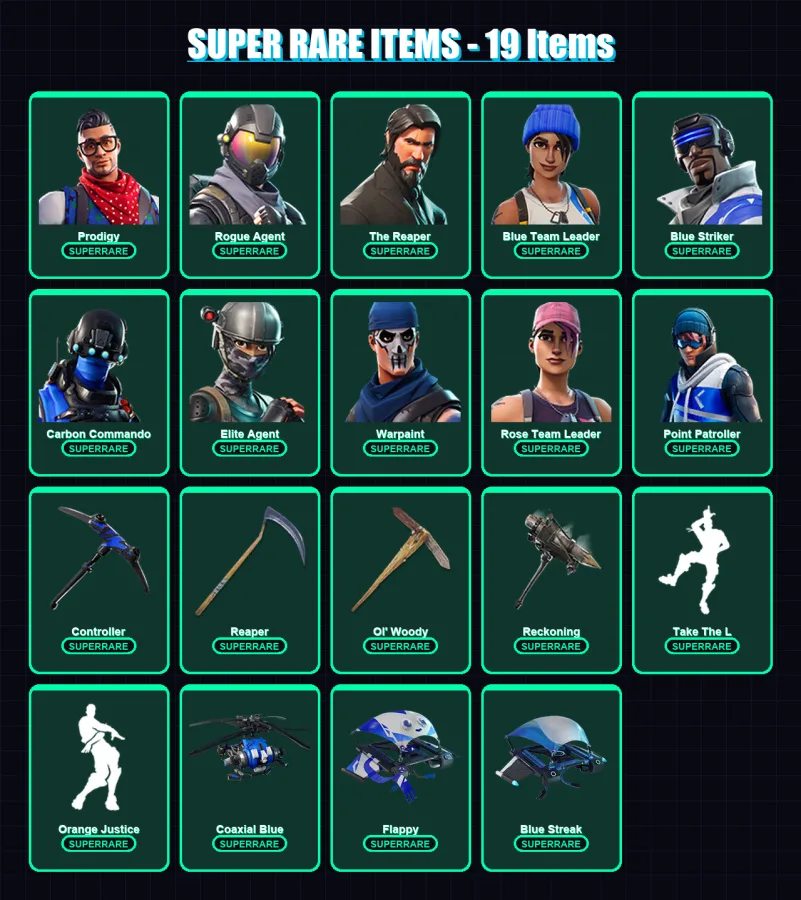 [PC/XBOX/PSN] | Prodigy | Rogue Agent | The Reaper | Blue Team Leader | Blue Striker | 60 skin | 49 pickaxe | 50 emote | 53 glider | Lv594