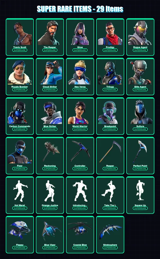 [PS4/PS5/XBOX/PC] | Travis Scott | The Reaper | Glow | Prodigy | Rogue Agent | 311 skin | 229 pickaxe | 199 emote | 180 glider | Lv2528