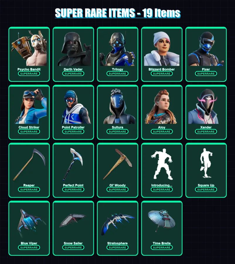[PS4/PS5/XBOX/PC] | Psycho Bandit | Darth Vader | Trilogy | Blizzard Bomber | Fixer | 496 skin | 508 pickaxe | 280 emote | 250 glider | Lv4187