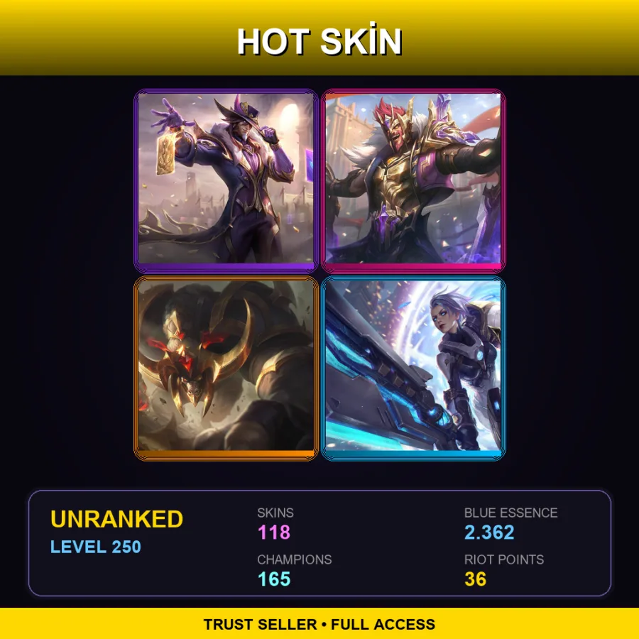 EUW | Lv250 | Unranked | 118 Skin | 165 Champ — LoL account