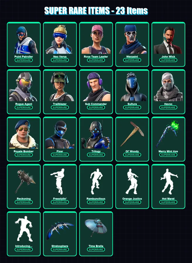 [PC/XBOX] | Point Patroller | Neo Versa | Rose Team Leader | Warpaint | John Wick | 155 skin | 123 pickaxe | 158 emote | 115 glider | Lv1665