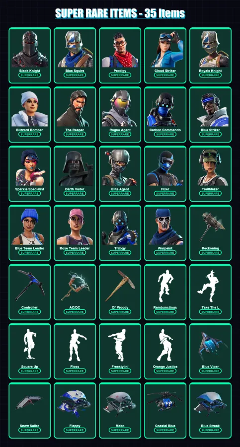 [PC/XBOX] | Black Knight | Blue Squire | Prodigy | Cloud Striker | Royale Knight | 92 skin | 94 pickaxe | 88 emote | 89 glider | Lv1191