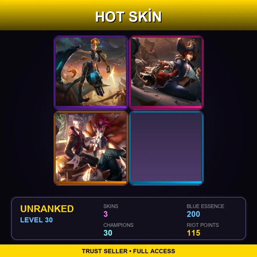 EUW | Lv30 | Unranked | 3 Skin | 30 Champ