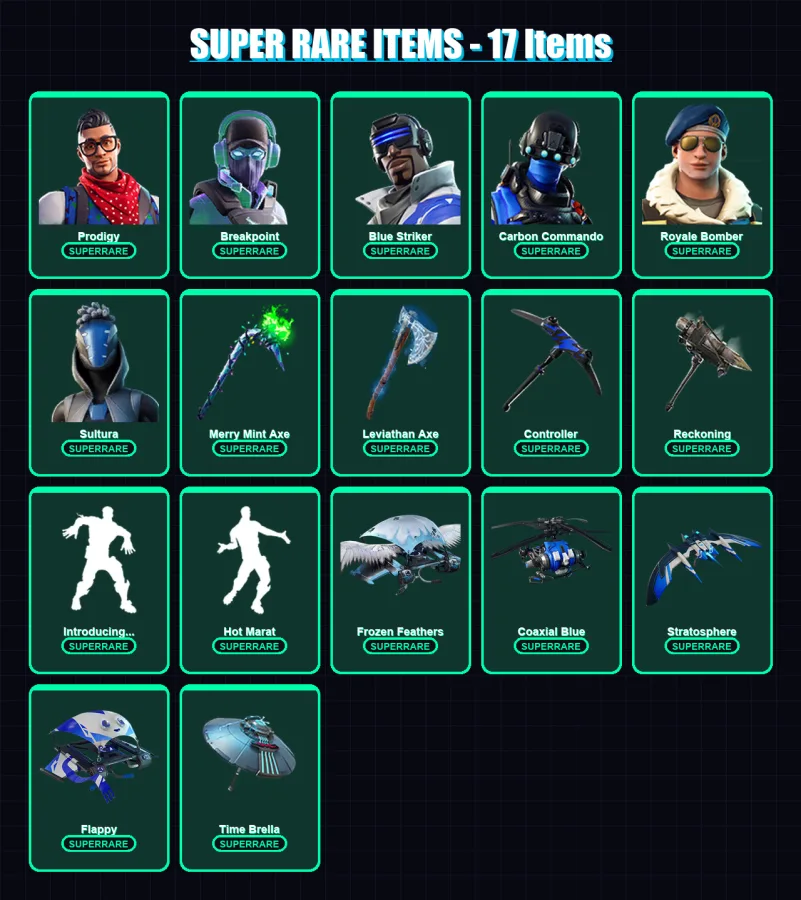 [PS4/PS5/XBOX/PC] | Prodigy | Breakpoint | Blue Striker | Carbon Commando | Royale Bomber | 114 skin | 160 pickaxe | 136 emote | 132 glider | Lv2279