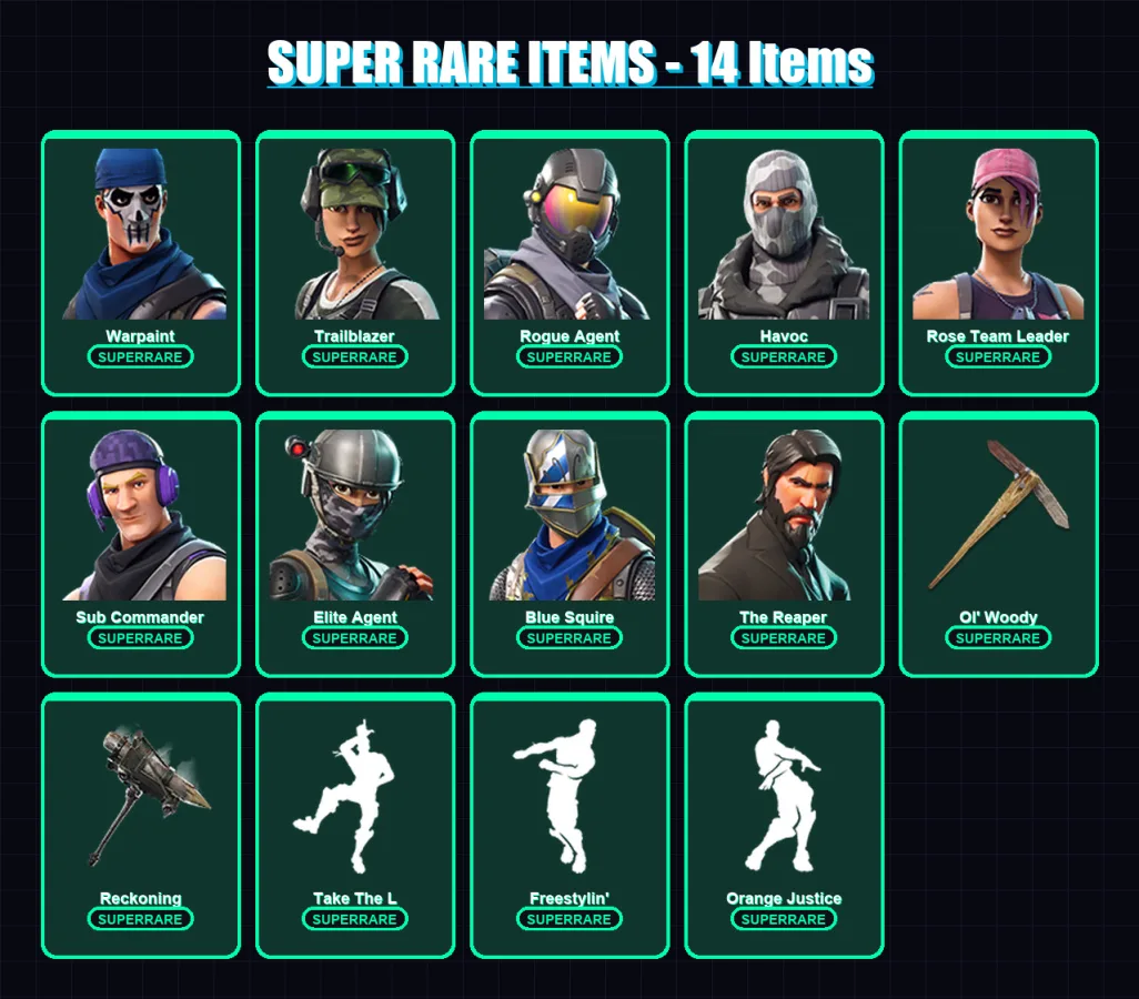 [PC/PSN] | Warpaint | Trailblazer | Rogue Agent | Havoc | Rose Team Leader | 62 skin | 35 pickaxe | 40 emote | 37 glider | Lv393
