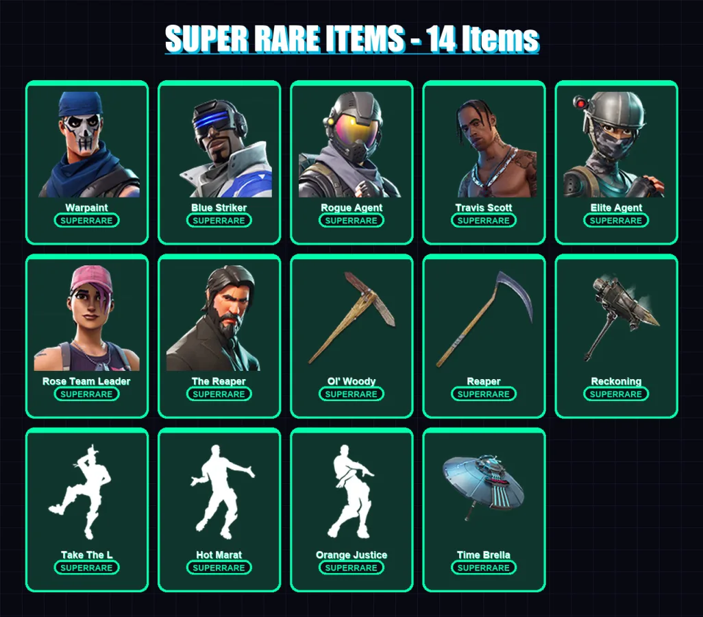 [PS4/PS5/XBOX/PC] | Warpaint | Blue Striker | Rogue Agent | Travis Scott | Elite Agent | 97 skin | 79 pickaxe | 87 emote | 80 glider | Lv1074