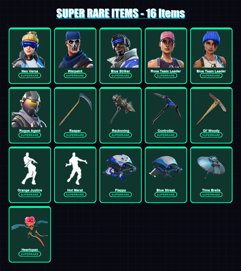 [PC/XBOX] | Neo Versa | Warpaint | Blue Striker | Rose Team Leader | Blue Team Leader | 103 skin | 115 pickaxe | 97 emote | 110 glider | Lv1536