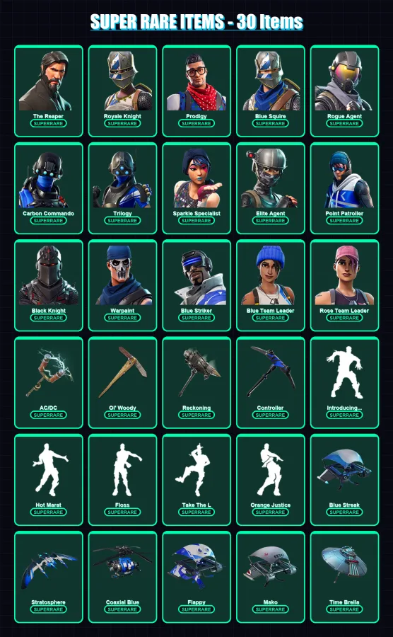 [PS4/PS5/XBOX/PC] | The Reaper | Royale Knight | Prodigy | Blue Squire | Rogue Agent | 59 skin | 52 pickaxe | 56 emote | 60 glider | Lv777 — Fortnite account