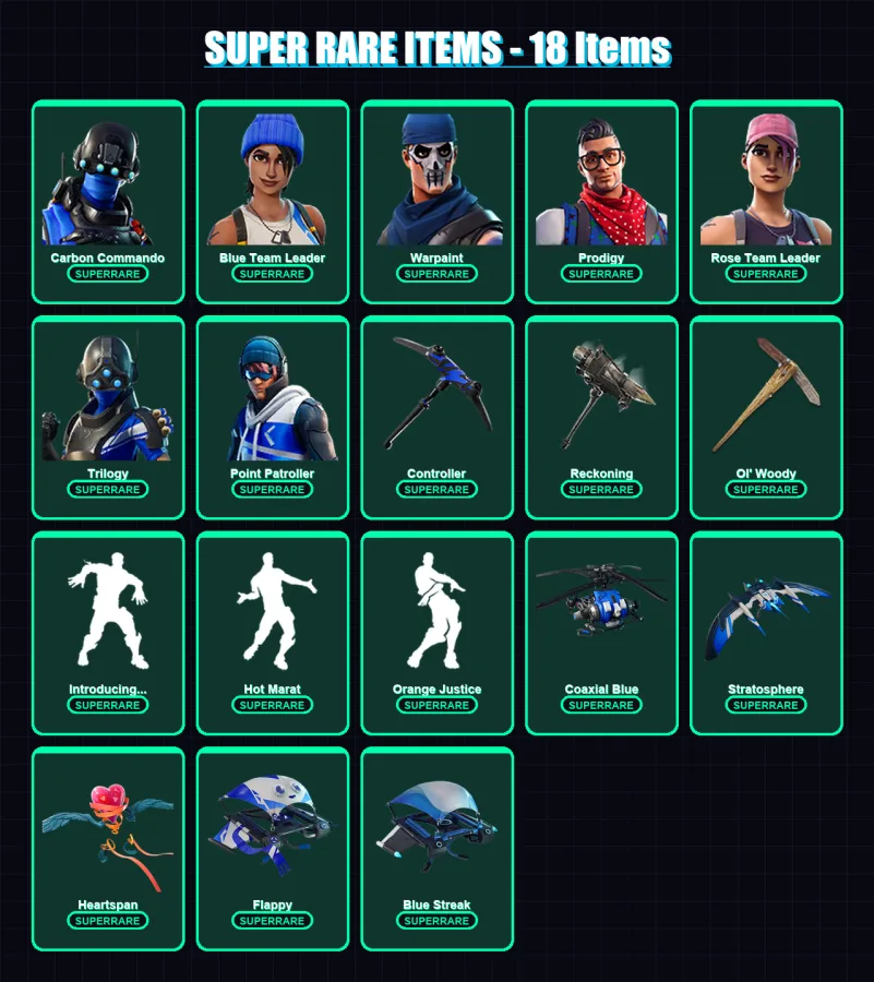 [PS4/PS5/XBOX/PC] | Carbon Commando | Blue Team Leader | Warpaint | Prodigy | Rose Team Leader | 72 skin | 62 pickaxe | 79 emote | 69 glider | Lv726 — Fortnite account