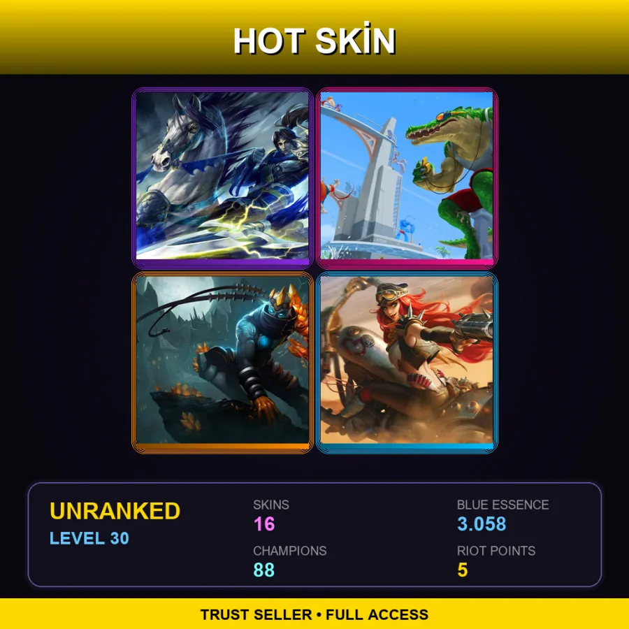 EUW | Lv30 | Unranked | 16 Skin | 88 Champ