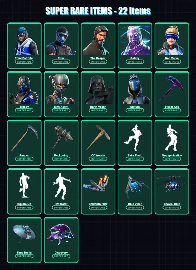 [PS4/PS5/XBOX/PC] | Point Patroller | Fixer | The Reaper | Galaxy | Neo Versa | 224 skin | 222 pickaxe | 205 emote | 191 glider | Lv2574