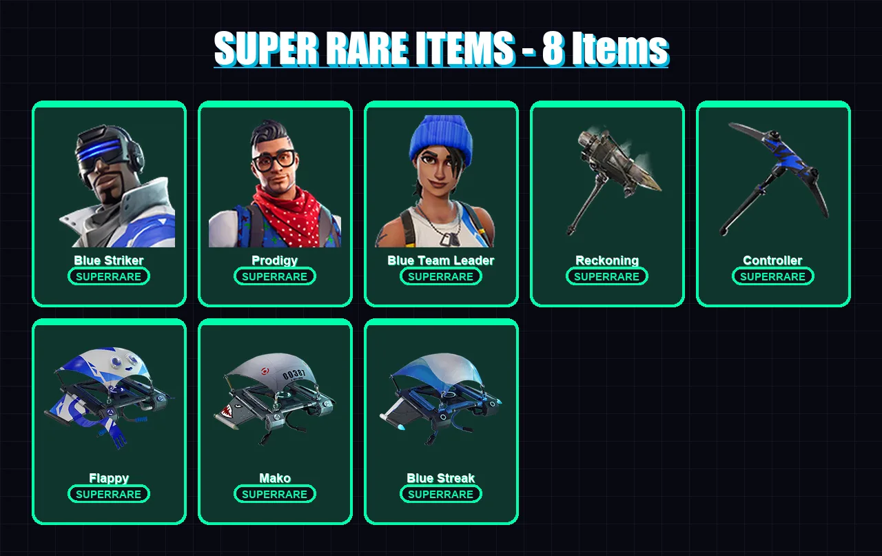 [PS4/PS5/XBOX/PC] | Blue Striker | Prodigy | Blue Team Leader | Calamity | DJ Yonder | 5 skin | 9 pickaxe | 11 emote | 13 glider | Lv196
