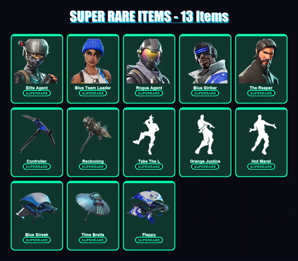 [PS4/PS5/PC] | Elite Agent | Blue Team Leader | Rogue Agent | Blue Striker | The Reaper | 56 skin | 57 pickaxe | 57 emote | 62 glider | Lv868 — Fortnite account
