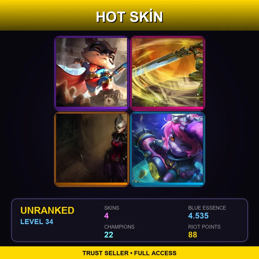 LAN | Super Teemo | Commando Garen | Aristocrat Vayne | Riot Girl Tristana | 4 Skin | 22 Champ | Lv34