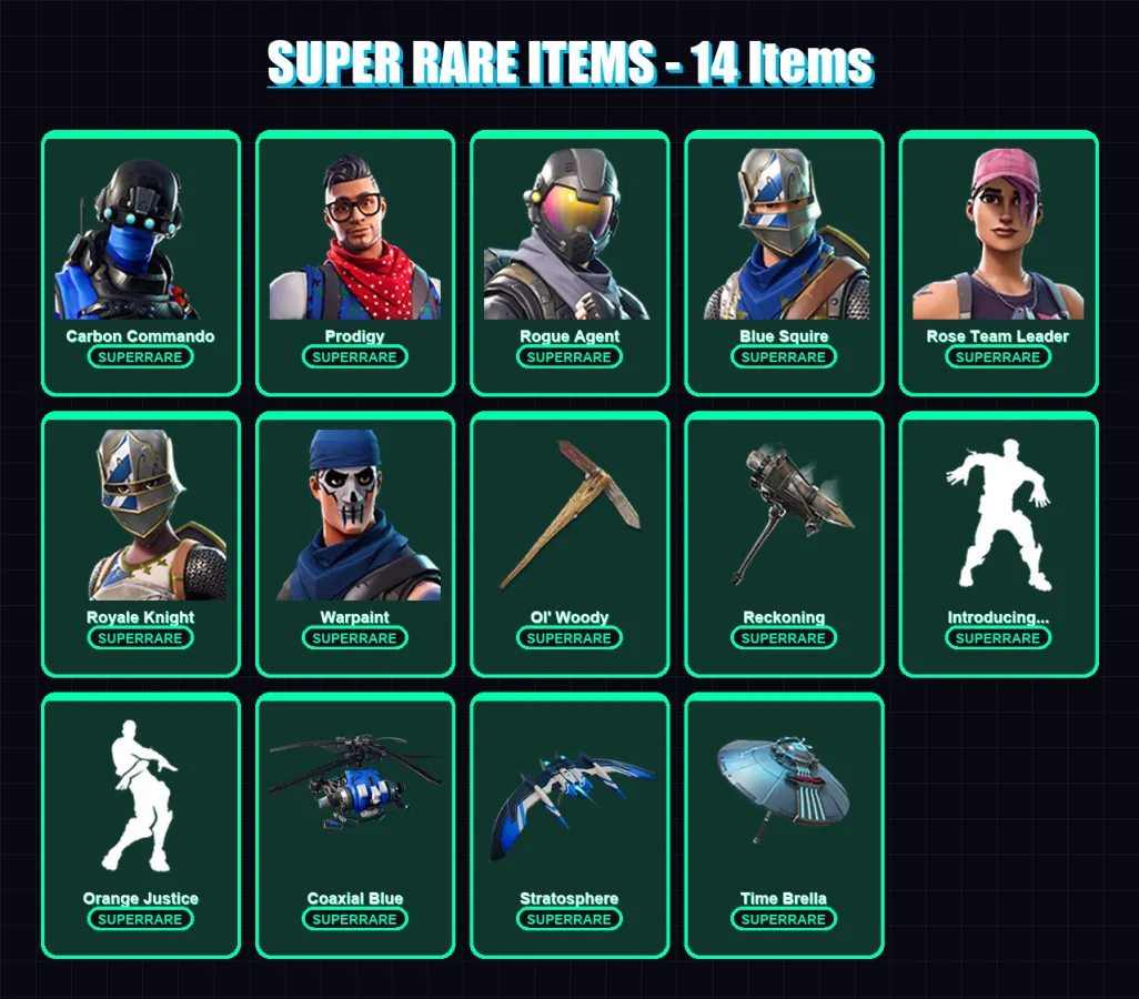 [PC] | Carbon Commando | Prodigy | Rogue Agent | Blue Squire | Rose Team Leader | 90 skin | 112 pickaxe | 80 emote | 98 glider | Lv1317
