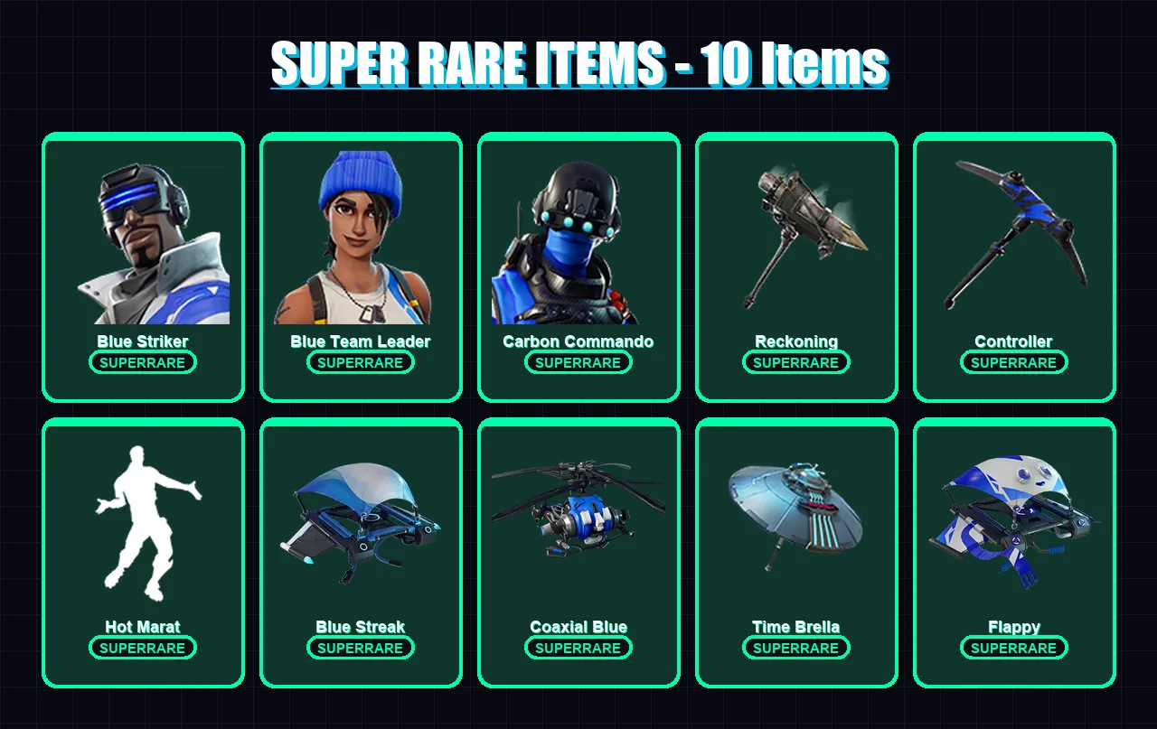 [PS4/PS5/PC] | Blue Striker | Blue Team Leader | Carbon Commando | Calamity | Dire | 22 skin | 23 pickaxe | 28 emote | 34 glider | Lv376 — Fortnite account