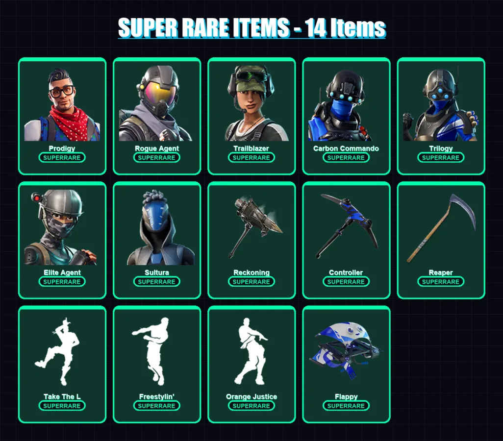 [PS4/PS5/XBOX/PC] | Prodigy | Rogue Agent | Trailblazer | Carbon Commando | Trilogy | 113 skin | 105 pickaxe | 101 emote | 87 glider | Lv1137