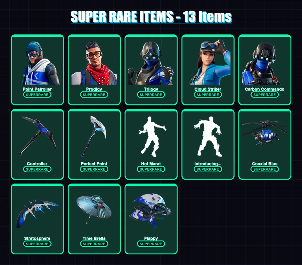 [PS4/PS5/XBOX/PC] | Point Patroller | Prodigy | Trilogy | Cloud Striker | Carbon Commando | 57 skin | 78 pickaxe | 74 emote | 77 glider | Lv1213