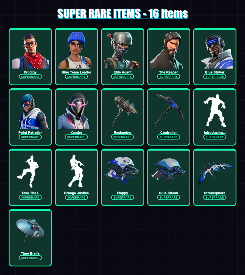 [PS4/PS5/XBOX/PC] | Prodigy | Blue Team Leader | Elite Agent | The Reaper | Blue Striker | 55 skin | 86 pickaxe | 80 emote | 89 glider | Lv1260