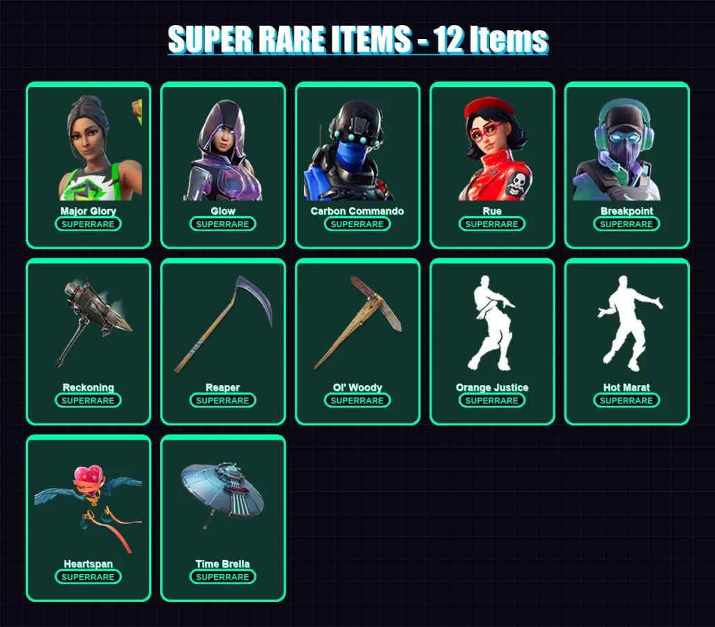 [PS4/PS5/XBOX/PC] | Major Glory | Glow | Carbon Commando | Rue | Breakpoint | 283 skin | 226 pickaxe | 187 emote | 177 glider | Lv2459