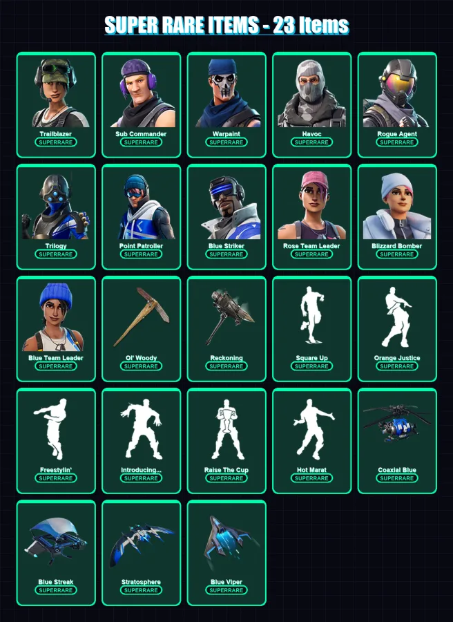 [PS4/PS5/XBOX/PC] | Trailblazer | Sub Commander | Warpaint | Havoc | Rogue Agent | 60 skin | 61 pickaxe | 58 emote | 65 glider | Lv805
