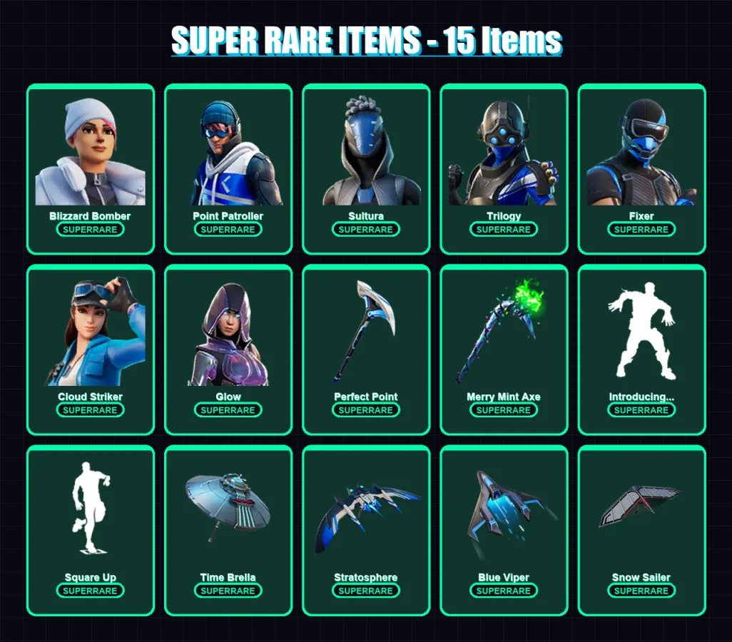 [PS4/PS5/XBOX/PC] | Blizzard Bomber | Point Patroller | Sultura | Trilogy | Fixer | 68 skin | 110 pickaxe | 97 emote | 75 glider | Lv1395