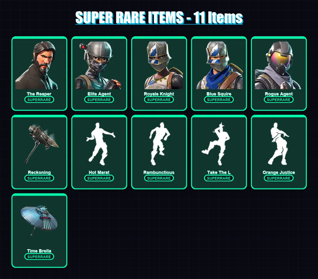 [PC/XBOX/PSN] | The Reaper | Elite Agent | Royale Knight | Blue Squire | Rogue Agent | 43 skin | 41 pickaxe | 63 emote | 51 glider | Lv746