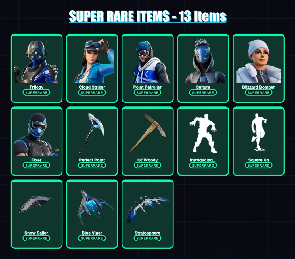 [PC/XBOX] | Trilogy | Cloud Striker | Point Patroller | Sultura | Blizzard Bomber | 74 skin | 111 pickaxe | 113 emote | 88 glider | Lv2028