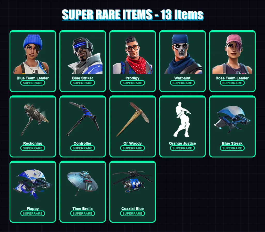 [PC/XBOX] | Blue Team Leader | Blue Striker | Prodigy | Warpaint | Rose Team Leader | 27 skin | 33 pickaxe | 36 emote | 51 glider | Lv612