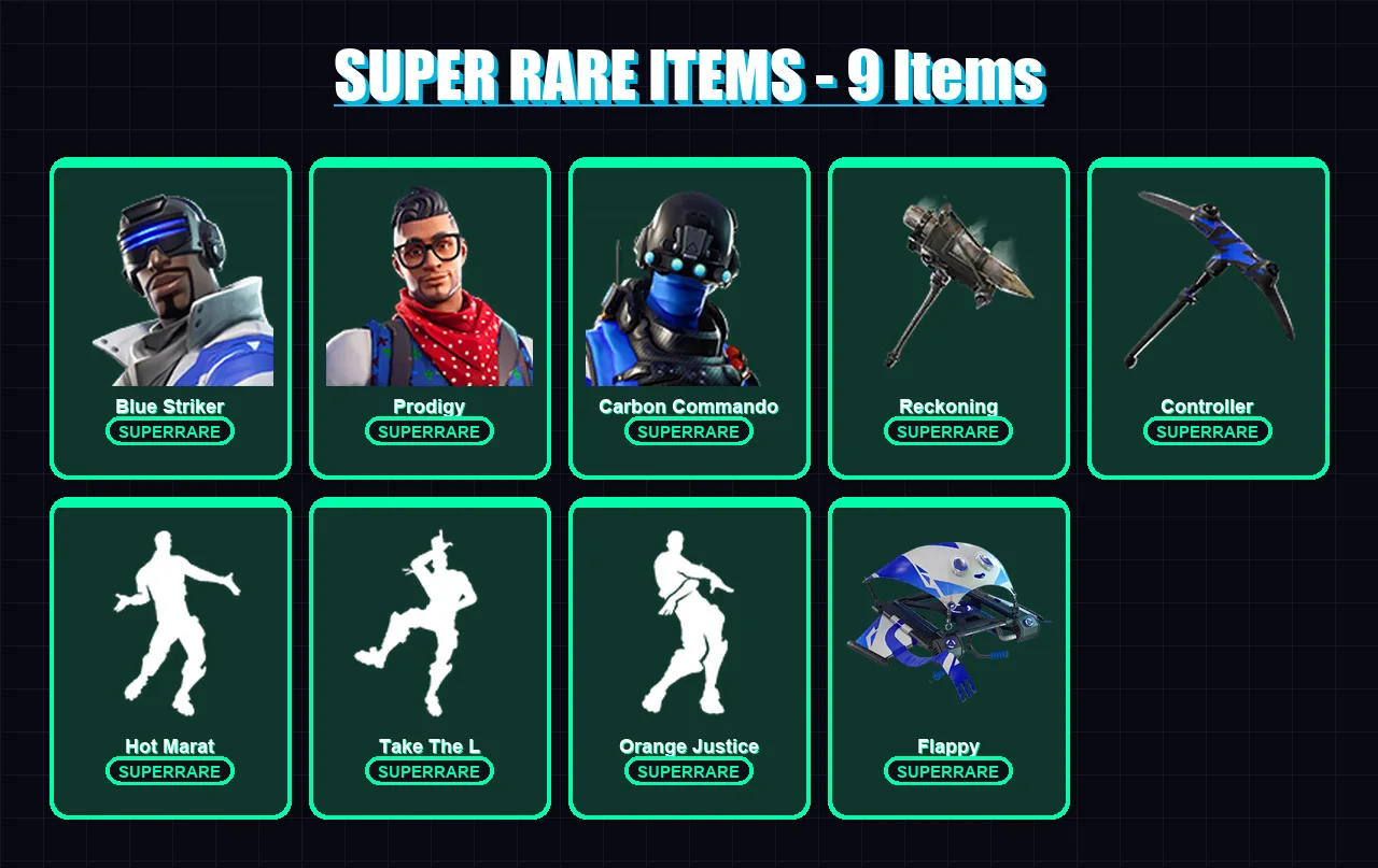 [PS4/PS5/XBOX/PC] | Blue Striker | Prodigy | Carbon Commando | Ragnarok | Carbide | 49 skin | 32 pickaxe | 47 emote | 40 glider | Lv505