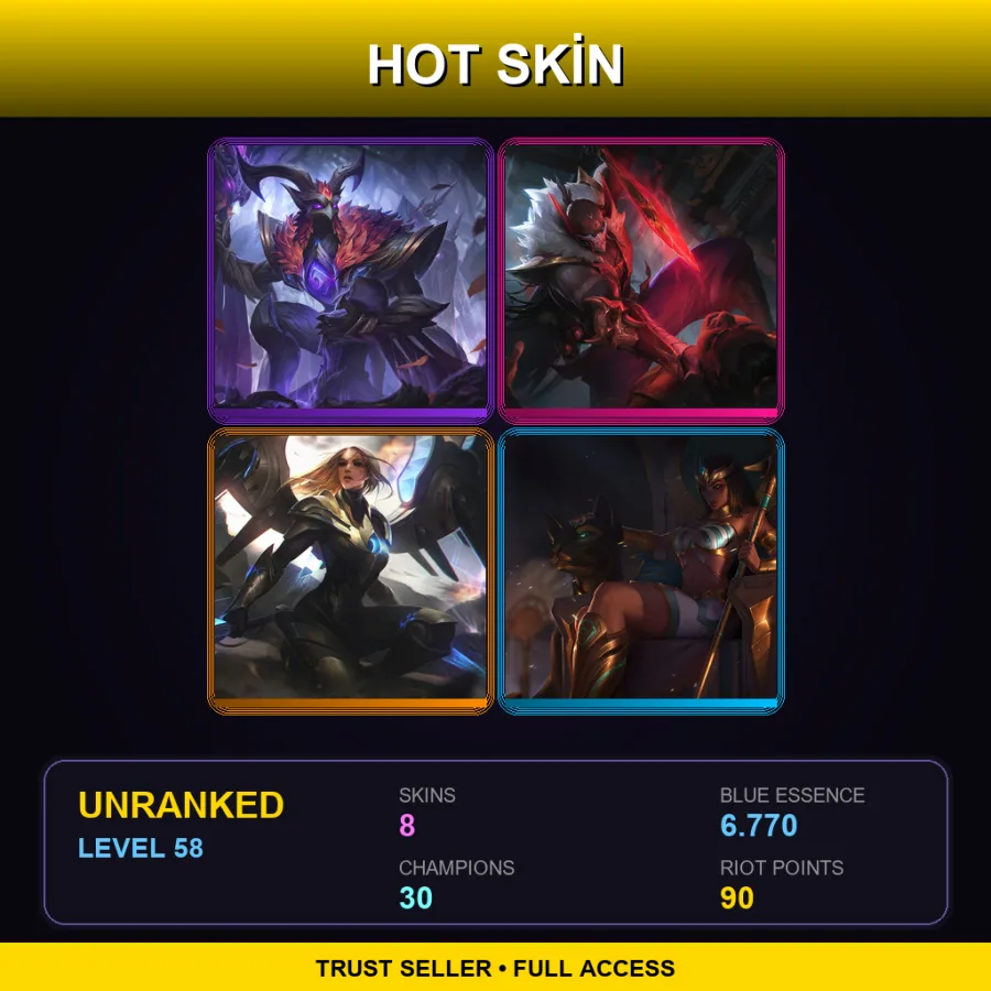 EUW | Lv58 | Unranked | 8 Skin | 30 Champ — LoL account