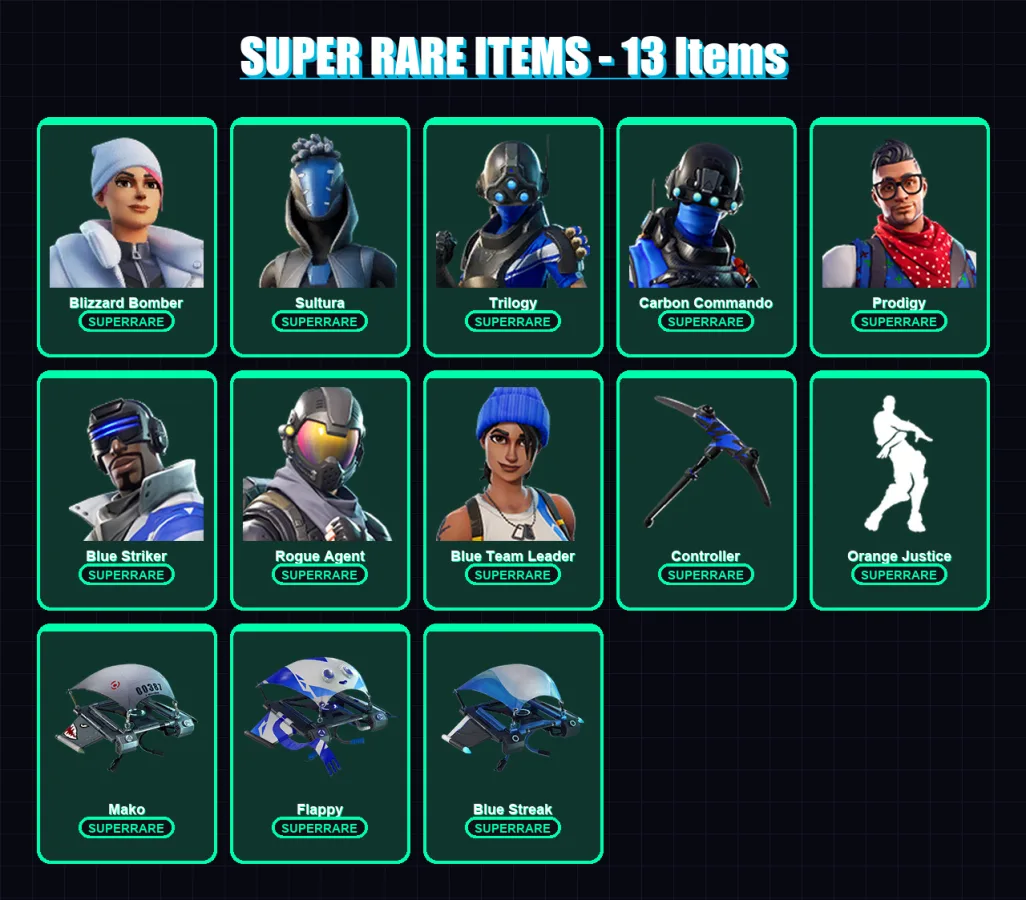 [PS4/PS5/XBOX/PC] | Blizzard Bomber | Sultura | Trilogy | Carbon Commando | Prodigy | 48 skin | 44 pickaxe | 37 emote | 40 glider | Lv492