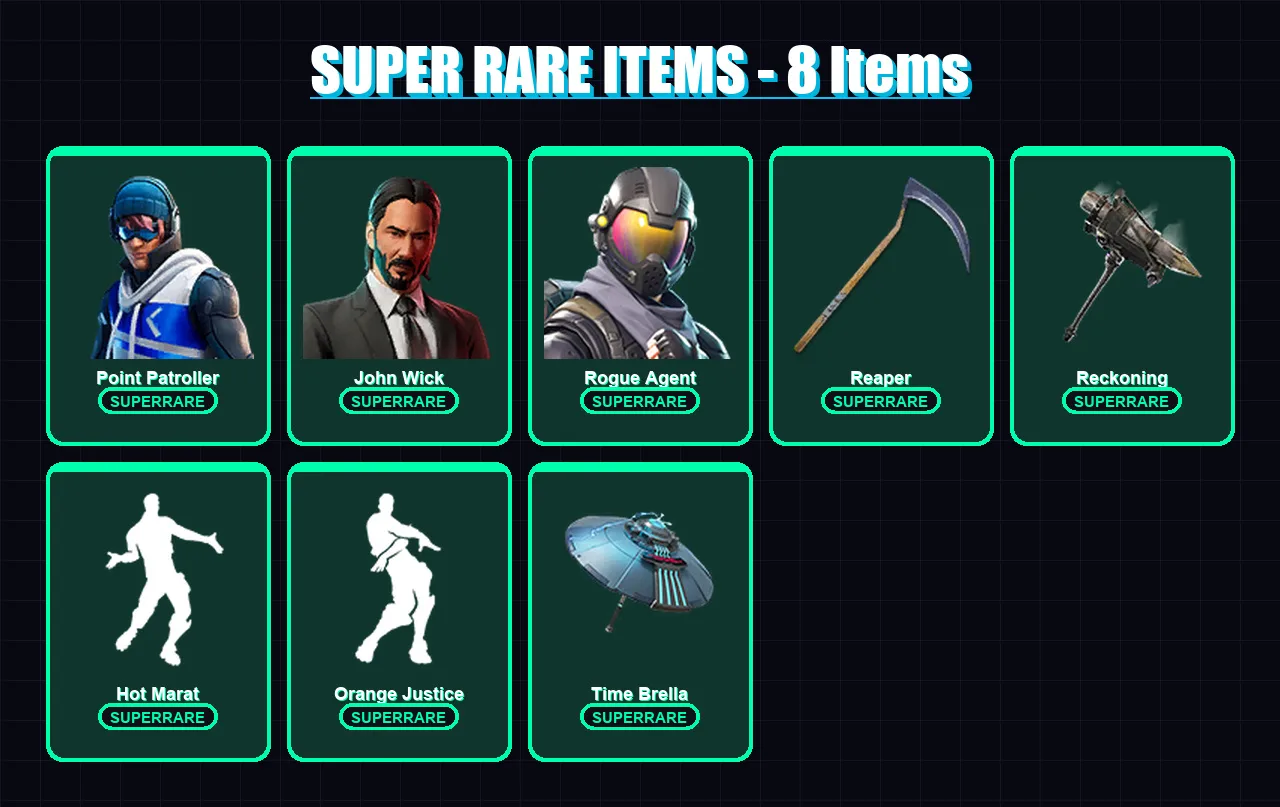 [PS4/PS5/XBOX/PC] | Point Patroller | John Wick | Rogue Agent | The Visitor | Calamity | 86 skin | 118 pickaxe | 103 emote | 125 glider | Lv1690