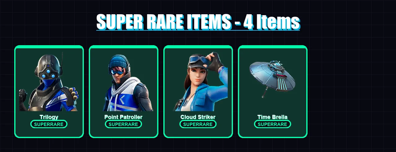 [PS4/PS5/PC] | Trilogy | Point Patroller | Cloud Striker | Lt. Evergreen | Polar Peely | 13 skin | 24 pickaxe | 33 emote | 32 glider | Lv605