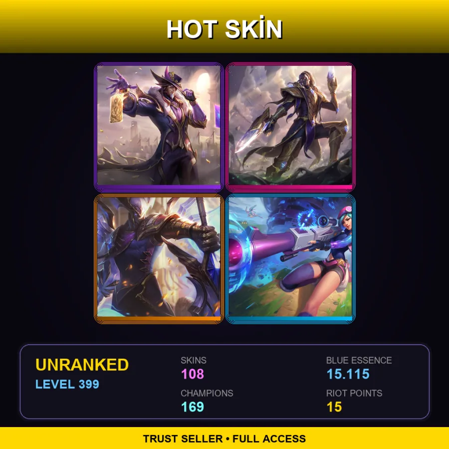 LAN | Lv399 | Unranked | 108 Skin | 169 Champ — LoL account