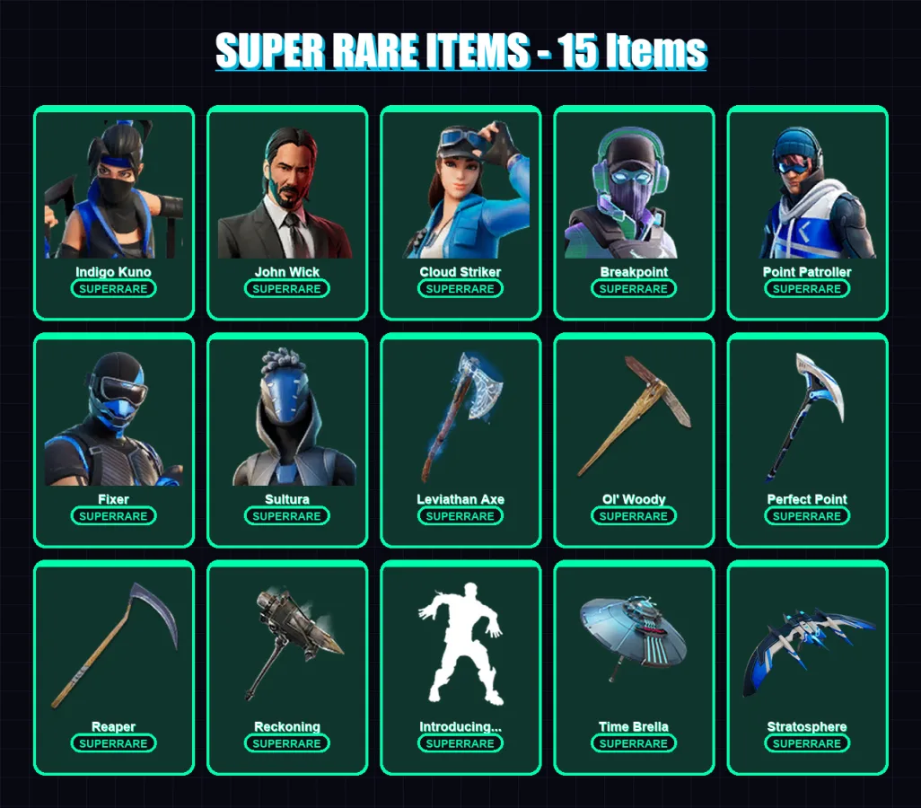 [PC/XBOX/PSN] | Indigo Kuno | John Wick | Cloud Striker | Breakpoint | Point Patroller | 157 skin | 194 pickaxe | 176 emote | 171 glider | Lv3078
