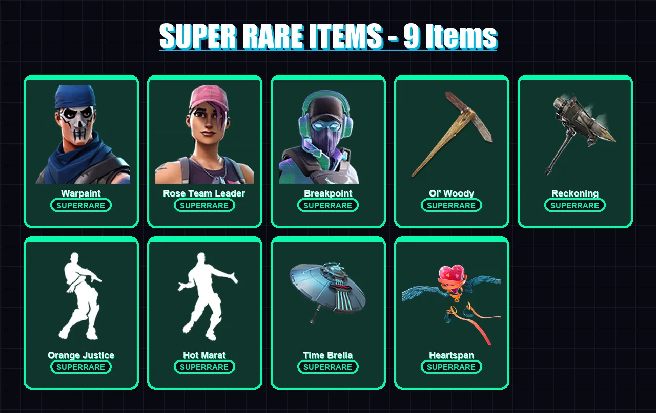 [PC] | Warpaint | Rose Team Leader | Breakpoint | Ronin | Calamity | 136 skin | 152 pickaxe | 128 emote | 142 glider | Lv1922