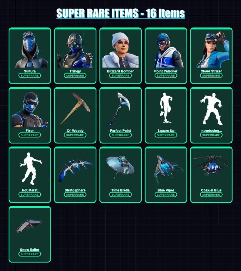 [PS4/PS5/XBOX/PC] | Sultura | Trilogy | Blizzard Bomber | Point Patroller | Cloud Striker | 118 skin | 144 pickaxe | 123 emote | 136 glider | Lv1892